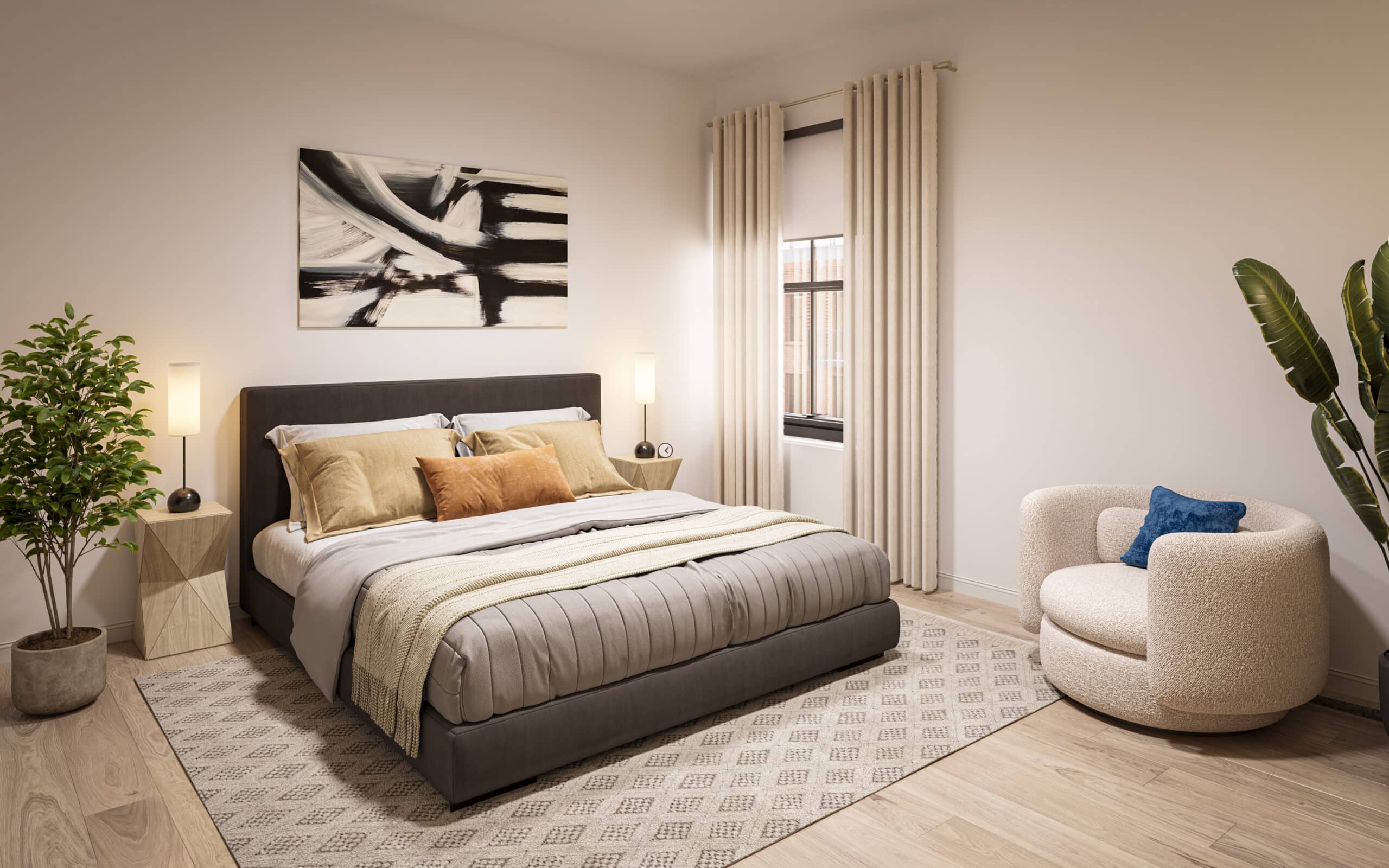 Luxury apartment bedroom with classy furnishings